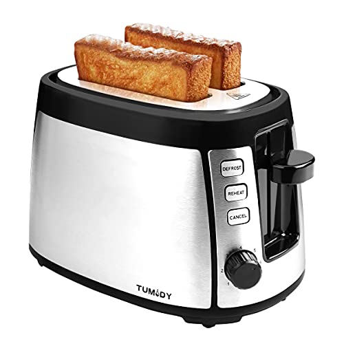 TUMIDY Toaster 2 Slice Wide Slot Brushed Stainless Steel Toaster with 7 Toasting Levels and Defrost Reheat Cancel Functions Auto Pop-up Toasters for Bagels, Waffles, Bread, English Muffins, 800W