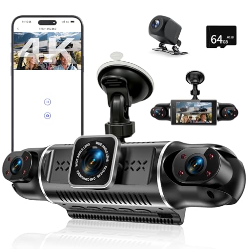 4K dashcam Auto vorne hinten 4 Kanal Dash cam mit 3 IPS-Bildschirm kostenlose 64-GB-Karte dashcam mit parküberwachung WDR-Nachtsicht (8 IR-LEDs) G-Sensor Loop-Aufnahme Drahtlose App-Übertragung