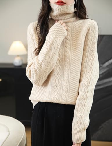 Women's 100% Merino Wool Turtleneck Sweater 2025 Fall Winter Long Sleeve Solid Cable Knitted Pullover Sweater3