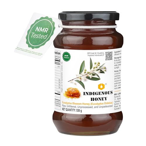 Image of INDIGENOUS HONEY Organic Eucalyptus Honey Raw Unfiltered 17.64 oz | Organic Raw Unfiltered Natural Bee Honey Glass Jar Pack of 1