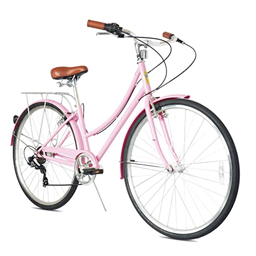 Bicicleta Cruiser de playa Micargi Kansans, 7 velocidades, con frenos V-brake, asiento acolchado y empuñaduras de cuero genuino para adultos