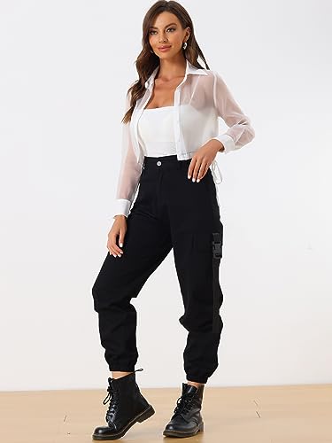 Allegra K Women's See Through Top Long Sleeve Drawstring Hem Button Down Cropped Mesh Sheer Jacket2