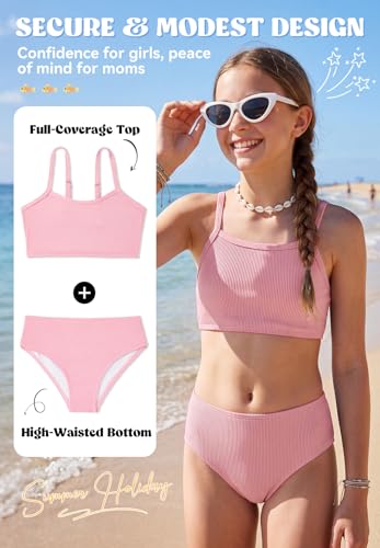 Image of Zando 2 Piece Ribbed Swimsuits for Teen Girls Kids Size 6-15 Years High Waisted Solid Cute Bikini for Summer Beach Wear