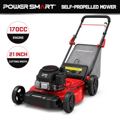 Image of PowerSmart 21-Inch 3-in-1 Gas Self-Propelled Lawn Mower,170CC OHV Engine,Bagging /Mulching /Rear Discharging, 6 Cutting Heights, Durable Steel Deck, Rear-Wheel Drive, for Garden, Yard,