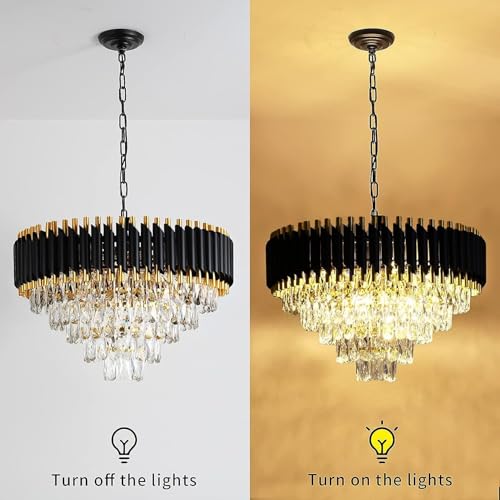 Image of Luxurious 500mm Black Gold Modern Chandelier with K9 Crystals | Warm White, Moonlight & Golden Light | Ceiling Hanging Light for Living Room, Dining Room, Bedroom, Hallway
