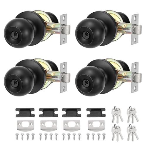 PATIKIL Round Key Entry Door Knobs Interior, 4 Pack Round Stainless Steel Bedroom Bathroom Door Knob with Lock Entry Indoor Outdoor Door, Black