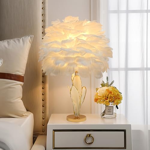 Chic White Feather Lamp Creative Furry Table Lamp Modern Feather Desk Lights Romantic Princess Bedside Nightstand Light for Teen Girls Bedroom Decor Living Room Wedding Christmas Kids Room