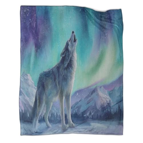 kaiyun Lone Wolf Coperta Da Campeggio Esterna Stampata Calda,morbida E Traspirante Northern Lights Copriletto Per Camera Da Letto Quattro Stagioni 50x60inch(127x152cm)