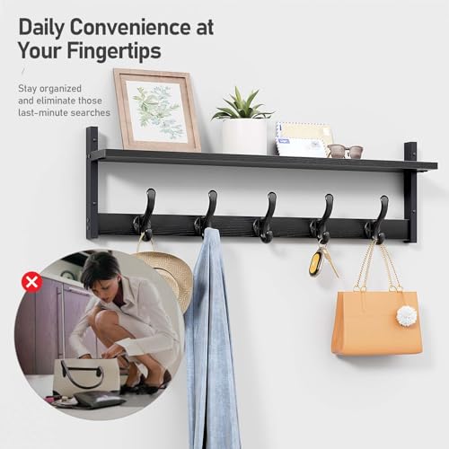 Image of Tatub 29 inch Rustic Coat Rack Wall Mount with Shelf, Entryway Wall Hooks with Shelf, Coat Hangers for Bathroom, Living Room, Bedroom, Black