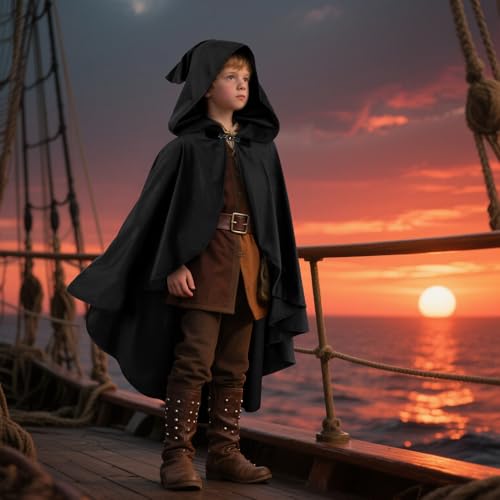 Capa medieval con capucha para niños color negro miniatura 2