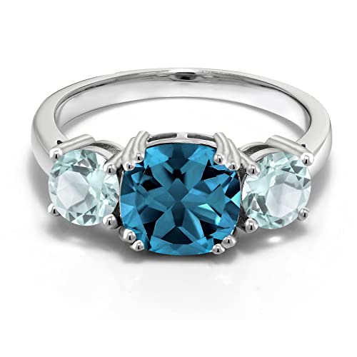 Gem Stone King 3.74 Cttw London Blue Topaz and Sky Blue Topaz 3 Stone Engagement Ring For Women | 925 Sterling Silver | Gemstone Birthstone | Cushion 8MM | Available in Size 5,6,7,8,92