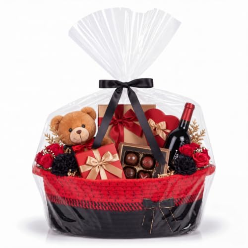 Image of Colingmill 1 Set Woven Basket for Gift Empty with Cellophane Wrap Set 14 x 10 x 5.5 Inch, Medium Decorative Gift Basket Empty to Fill, Cotton Rope Storage Box Decor (Red Black)