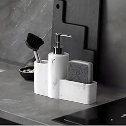 Fregadero Piedra Artificial Juego de dispensador de jabón 3 en 1, organizador de diseño de fregadero de piedra artificial con cepillo y esponja, organizador de cocina, juego de fregadero de cocina, almacenamiento y organización
