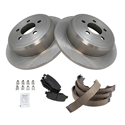 Image of TRQ Rear Brake Pad and Rotor Set Ceramic Parking Brake Shoe Compatible with 2007-2011 Dodge Nitro 2008-2012 Jeep Liberty