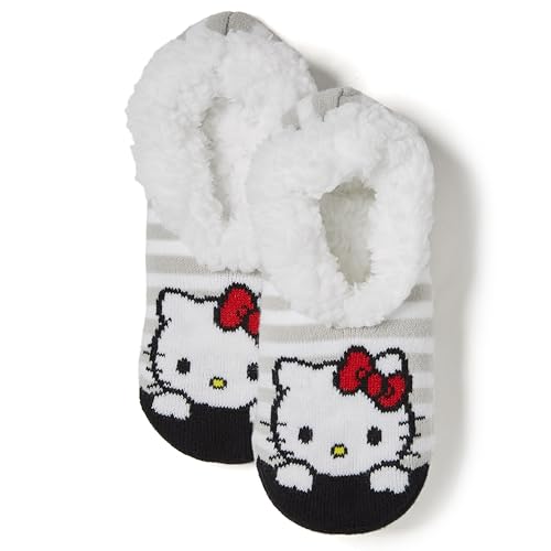 Hello Kitty Women's Teddy Fur Slipper Socks, Grey-White, 9-11