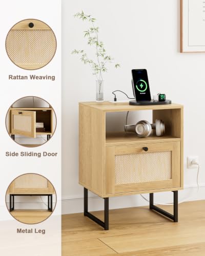 Image of Masupu Rattan Nightstand with Charging Station, Modern Boho Farmhouse Wood Bedside Table with Storage Drawer and Open Shelf, Side End Table for Bedroom, Office (Natural)