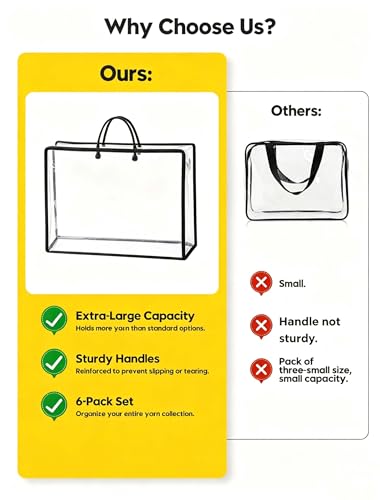 Image of Remittur 6 Packs Large Yarn Storage Bags, Clear Yarn Storage Organizer with Zippers and Handles, Crochet Bag Knitting Bag for Knitting Needles Crochet Hooks-Black
