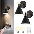 Bailoch Black Rechargeable Battery Operated Wall Sconces Set of 2 with Remote, Wireless Dimmable Battery Powered Wall Light, Cordless Wall Lamp Lighting Fixture for Bedroom Living Room, Bulb Included