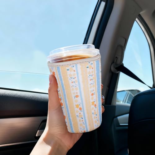Image of Reusable Insulated Sleeve for Iced Coffee Cup, 3-Pack Coffee Neoprene Drink Sleeve for Cold & Hot Drinks, Beverage Holder for Iced Coffee (Meadow Panels)