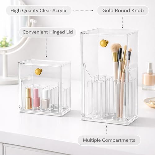 Image of KiZY Luxury Clear Acrylic Lipsstic Nail Polish Makeup Brush Organizer | Elegant Multi-Compartment Makeup & Desk Storage Box for Vanity or Office (Combo)