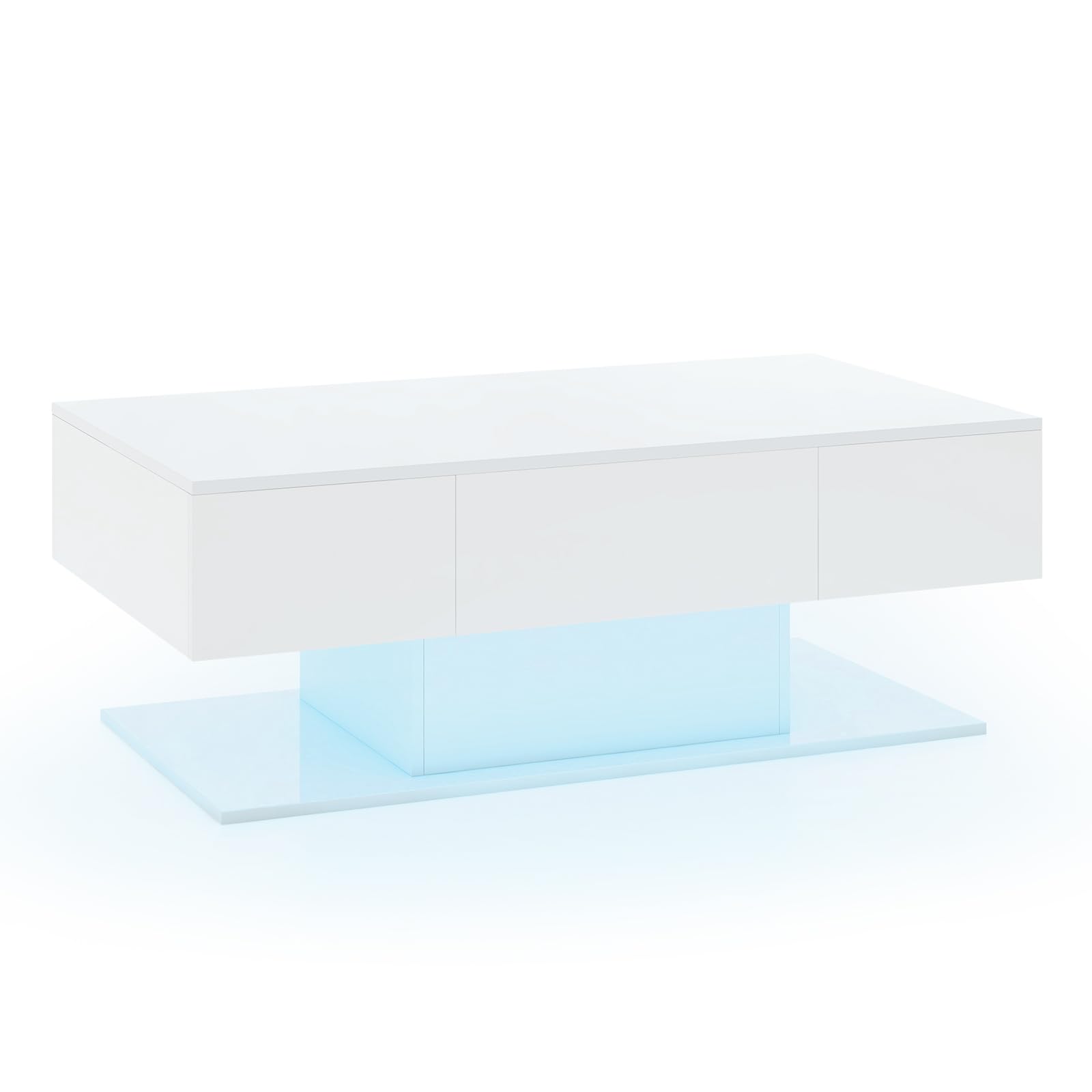 LIFEZEAL Mesa de Centro con LED, Mesa de salón Alto Brillo con Tira de luz y Mando a Distancia, Mesa de café Moderna con 2 cajones, Mesa Centro Iluminado para salón, Oficina (Blanco)
