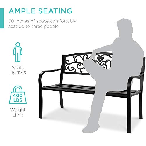 Best Choice Products Outdoor Bench Steel Garden Patio Porch Furniture for Lawn, Park, Deck w/Floral Design Backrest, Slatted Seat - Black - Image 6