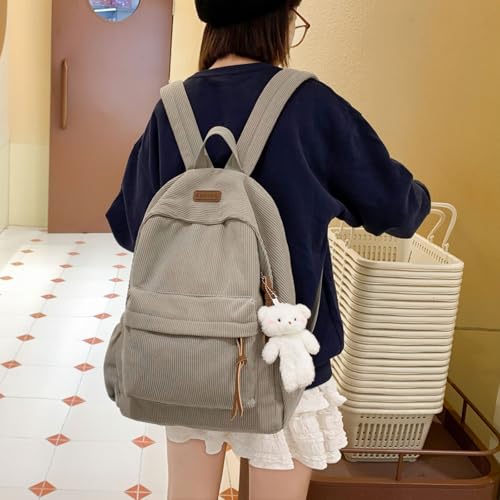 Teclado Kawaii Backpack with Cute Accessories Corduroy Casual Bookbags with Pendants Lightweight Laptop Bag Travel Daypacks (Grey)2