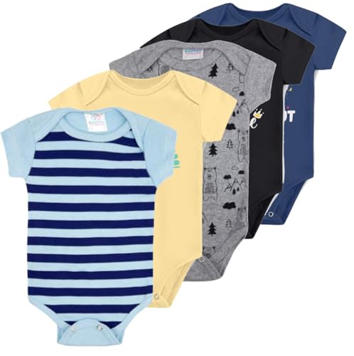 Kit 5 Body Manga Curta Roupa Infantil Bebê Recem Nascido a 12 meses Inverno Verão Estampado (Menino,