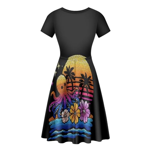 Image of Forchrinse Womens Summer Dresses Casual Hawaiian Octopus Crew Neck Midi Dress Plus Size Short Sleeve A Line Dresses Comfort Beach Sunndress Size S-4XL