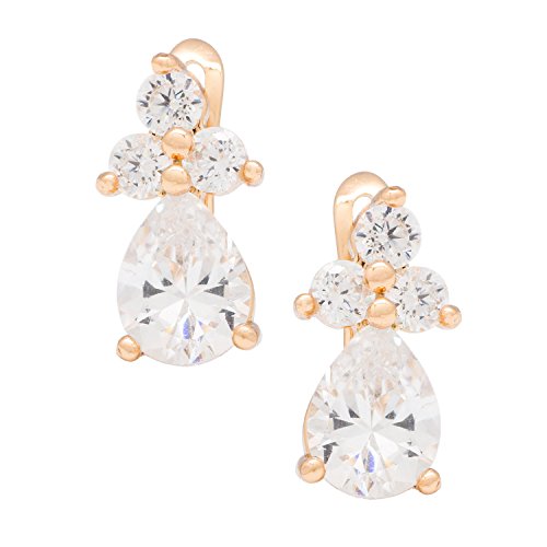Romantic Time Gemstone Clover Multicolor Gemstone Teardrop 18k Rose Gold Plated Three Prong Dangle Earrings(transparent)