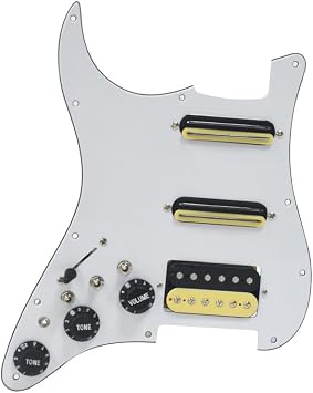 Lefty Hand SSH-Coil Splitting Electric Guitar Pickguard Two Mini Humbucker + ONE Humbucker9K/9K/15K+Silence Switch Loaded Prewired Scratch Plate, White Zebra