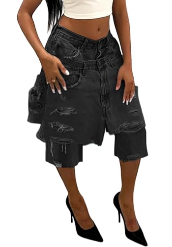 LETSVDO Women's Ripped Jean Shorts Baggy Double High Waisted Wide
