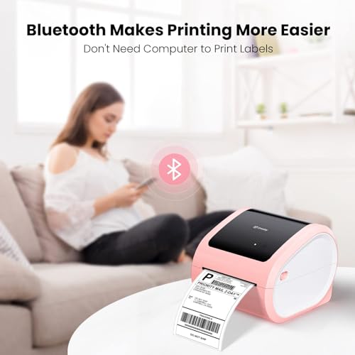 Image of Bluetooth Shipping Label Printer with 1 Roll Labels - D520BT Pink Thermal Label Printer, Thermal Printers with Built-in Label Holder, Come with 500PCS 4x6 White Labels (500 Labels /Roll)