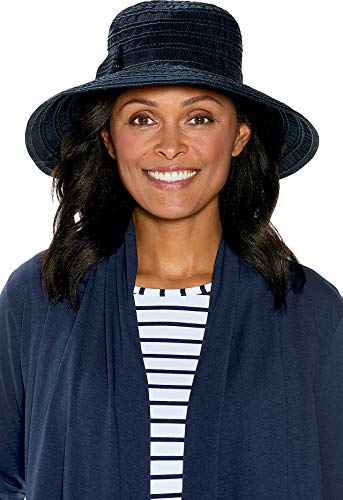 Coolibar UPF 50+ Women s Compact in A SNAP! Ingrid Ribbon Hat - Sun Protective (One Size- Navy w Snap)