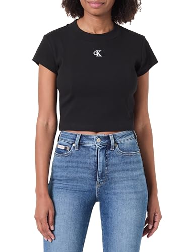 Calvin Klein Camiseta de manga corta Mujer Rib Baby Tee tejido elástico, Negro (Black), L