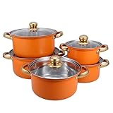 jojofuny Juego de Ollas y Cacerolas de Acero Inoxidable 10 Piezas con Mangos Naranja Dorado Fondo Grueso para Distribución Uniforme del Calor Apto para Cocinas de Inducción Gas y
