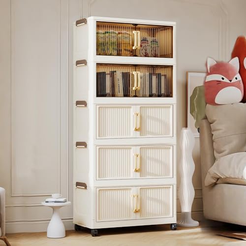 Poat 5-Tier Stackable Storage Cabinet with Lids & Wheels Collapsible Foldable Organizer with Dual Opening Doors for Closet Living Room Office Toys Clothes Snacks and Books | 42x23x109cm