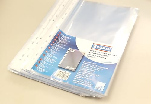 DONAU Prospekthüllen STARKE / 100 Stück/Din A4 / Glasklar Oben Offen Klarsichthüllen Sicht-Hüllen Gelochte Plastikhülle/PP/Transparent 100 Mikron