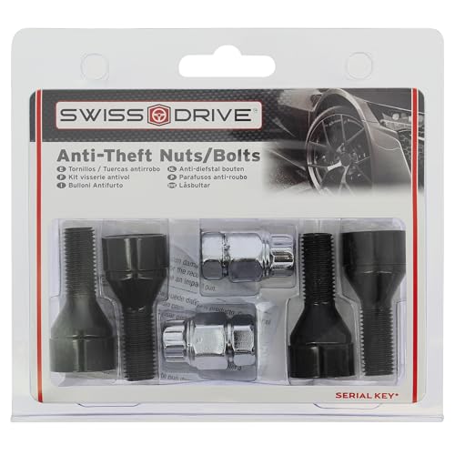 Set mit 4 hochwertigen Diebstahlsicherungsschrauben, 12 x 1,50 L26, Stahl, mit rotierendem Kopf, Anti-Backen, mit 2 Lampenschlüsseln mit 7 runden Spitzen, Schwarz