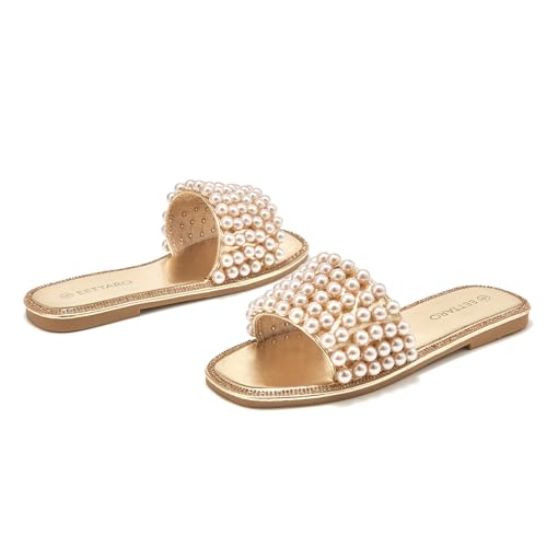 EETTARO Women's Sparkle Pearl Flat Sandals Fashion Square Open Toe Jeweled Slides Slip on Rhinestone Bling Slippers 6