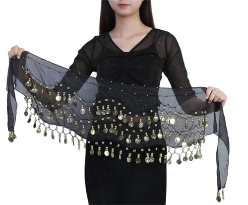 Women's Gold Sequins Chiffon Tassel Skirt Waist Chain Belts for Dance Wrap Show and Party Hip Scarf