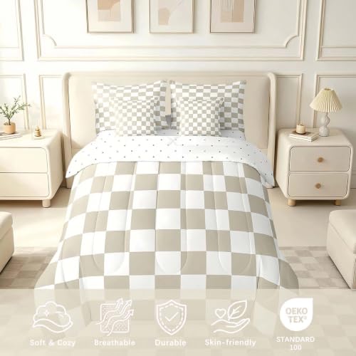 Image of Feelyou Checkered 7 Piece Bedding Set Teen Women Men Beige Plaid Comforter Set with Sheets Queen Size Kids Boys Cute Retro Neutral Checkerboard Geometric Bed in a Bag Vintage Aesthetic Room Decor