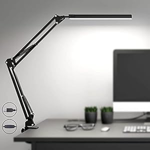 SKYLEO LED bureaulamp met klem, oogverzorging dimbaar leeslicht, 3 kleurmodi swing arm lamp, USB clip-on tafellamp, daglichtlamp voor bureauaccessoires, werkbank, architect