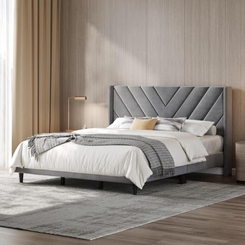 Image of Yaheetech King Bed Frame Upholstered Platform Bed /Wooden Slat Support /Tufted Headboard with Wing Side /Mattress Foundation /No Box Spring Needed,Light Gray King