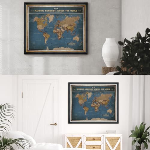 Image of DECORARTS - Personalized World Travel Map with Pins, Custom Name, Pin Board Canvas Wall Art, Modern Navy Blue World Decor, Optional Wood Frame, Giclee Print, Handcrafted in USA, 30x24''