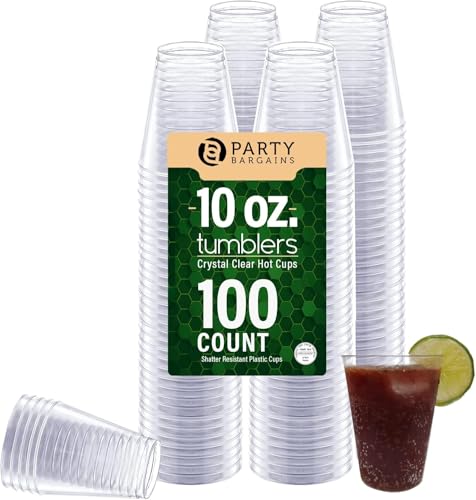 PARTY BARGAINS 10 oz Clear Plastic Cups - [100 Pack], Heavy-Duty Plastic Clear Tumblers, Ideal for Weddings, Thanksgiving, and Christmas Parties
