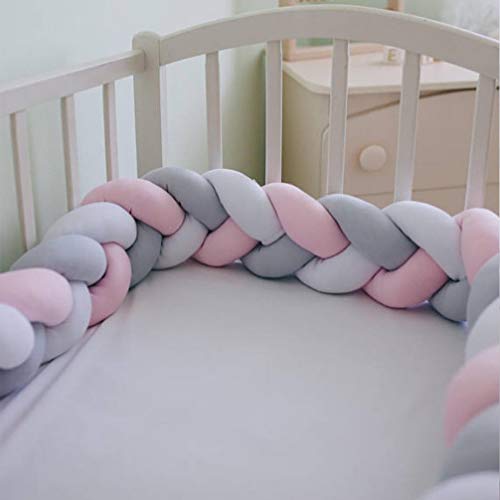 LOAOL Baby Bed Bumper Knotted Braided Plush Nursery Cradle Decor Newborn Gift Pillow Cushion Junior Bed Sleep Bumper (White-Gray-Pink, 6.5 Feet)