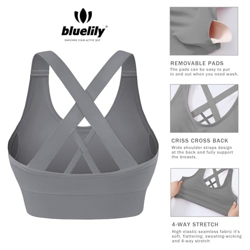 BLUELILY Sports Bras for Women High Impact Cross Back Strappy Bras Cropped Padded Seamless Workout Yoga Bras Set3
