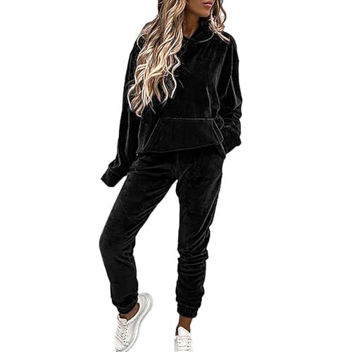 amropi Survêtement Femme Ensemble en Velours Sweat à Capuche et Pantalon Jogging Noir, XL