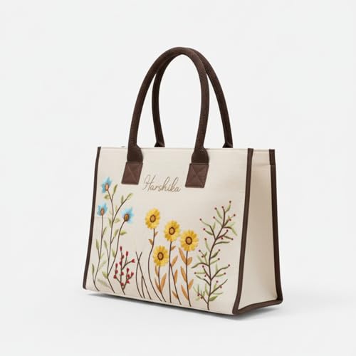 Image of Customized Hand Bag for Woman | Shoulder Bag for Ladies | Embroidered Canvas Personalized Handbag with Custom Name for College Girls for Office, Daily Use, Beach, Shopping